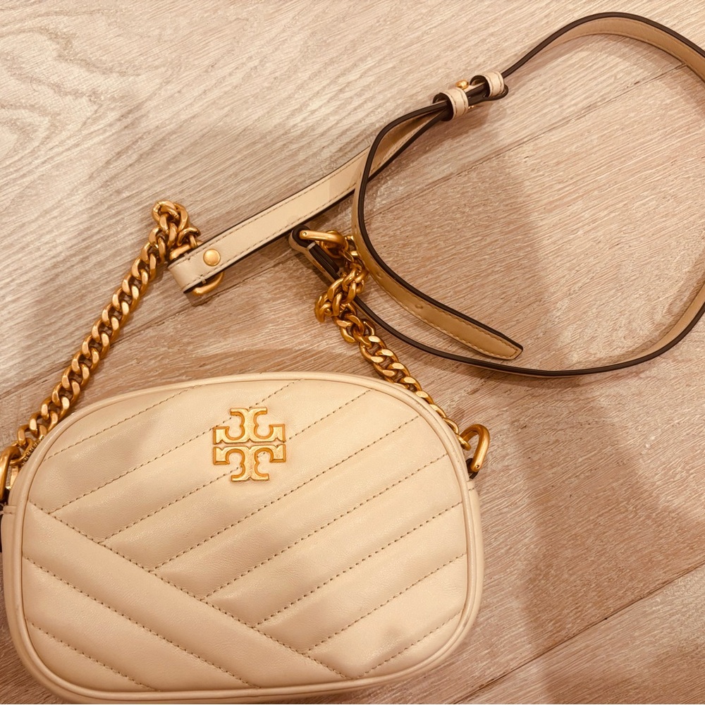 Tory Burch Kira Chevron Small Camera Bag Beige Leather Crossbody